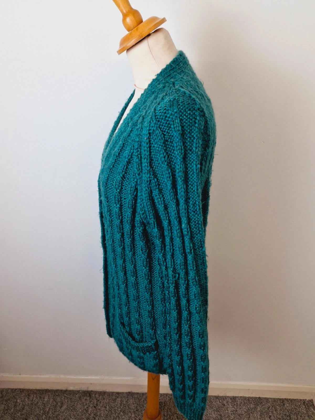 Womens Vintage Handknitted Knitted Long Cardigan Green Cable Knit M L UK14