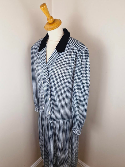 Vintage 80s Midi Long Dogtooth Black White Dress Velvet Shirtdress XL