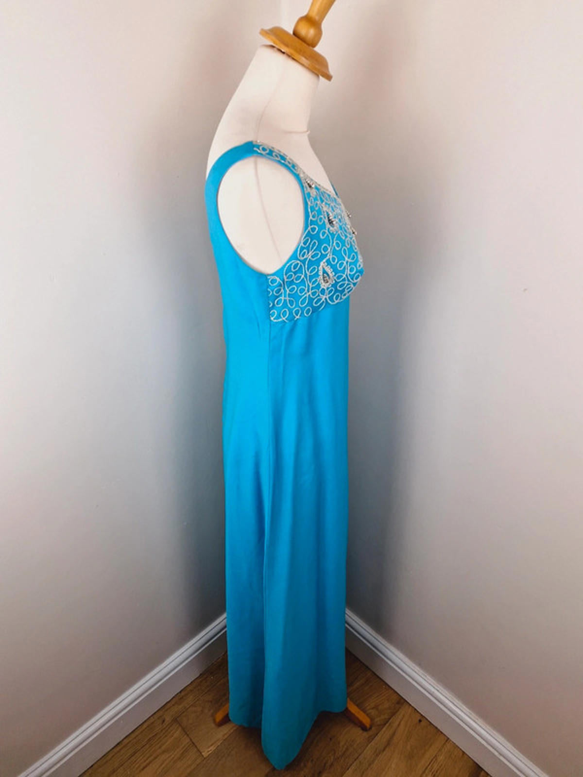 Womens Vintage 60s 1960s Turquoise Long Maxi Dress Embroidered Beaded S
