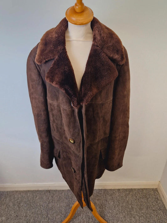 Mens Vintage 1970s 70s Sheepskin Shearling Suede Coat Jacket L