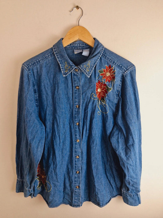 Womens Vintage Christmas Long Sleeve Embroidered Denim Shirt Top Blouse Cotton XL