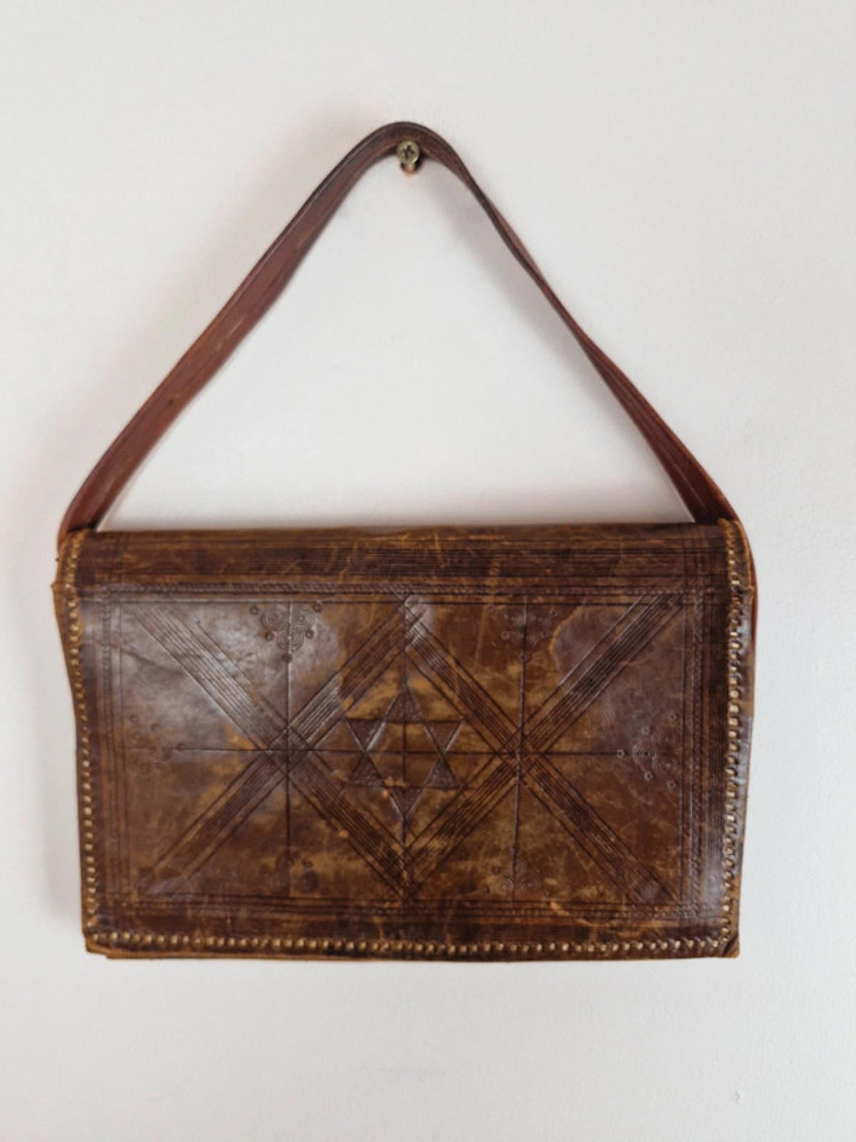 Womens Vintage 1950s 50s Leather Tooled Handbag Bag Unusual