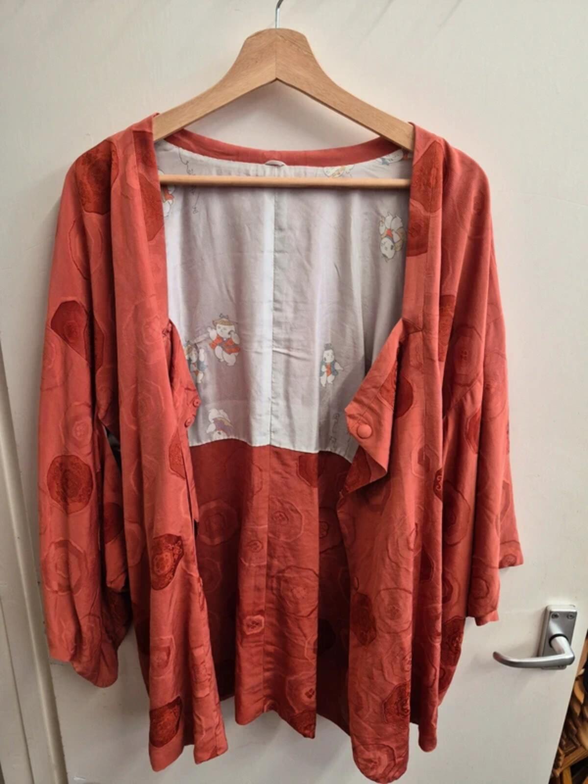 Vintage Silk Short Kimono Japanese Jacket Top Orange Wide Sleeve UK12 M