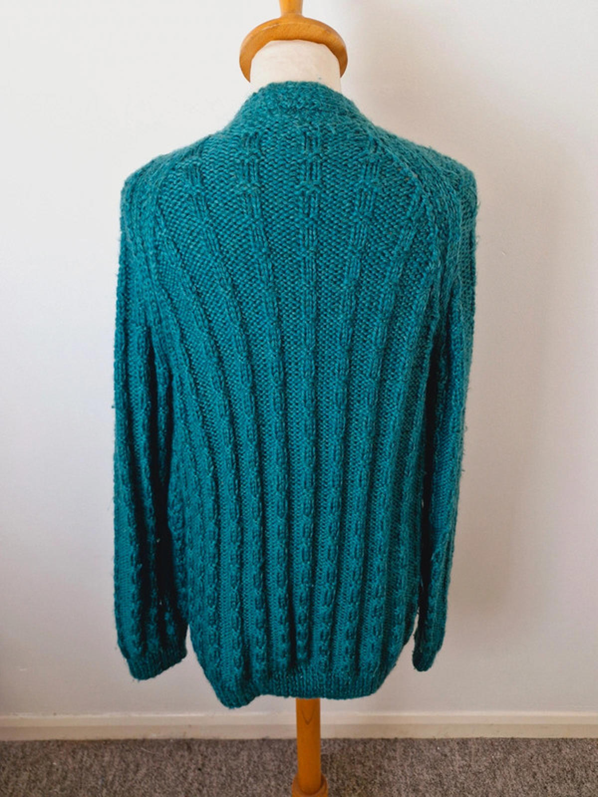 Womens Vintage Handknitted Knitted Long Cardigan Green Cable Knit M L UK14