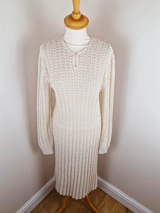 Womens 1970s 70s Knitted Handknitted Dress Midi Crochet Long Sleeve M