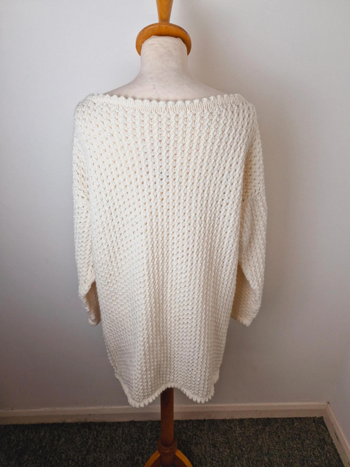 Womens Vintage Handknitted Knitted Cream Long Jumper Sweater Dress UK14 UK16 L