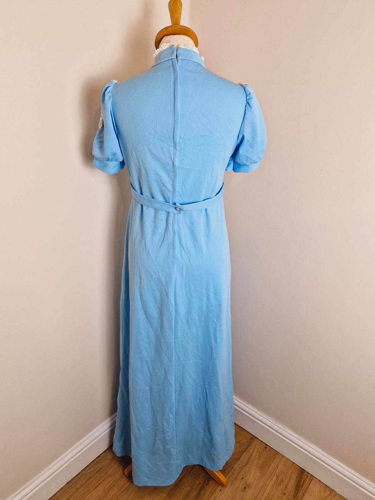 Vintage Handmade 1970s Long Maxi dress Puff Sleeve Prairie Dress Lace UK8 UK10 S