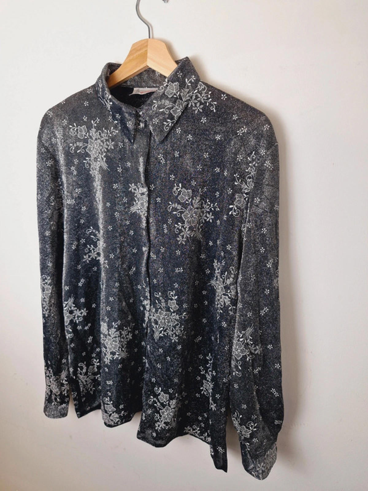 Womens Vintage Long Sleeve Metallic Silver Shirt Top Blouse L