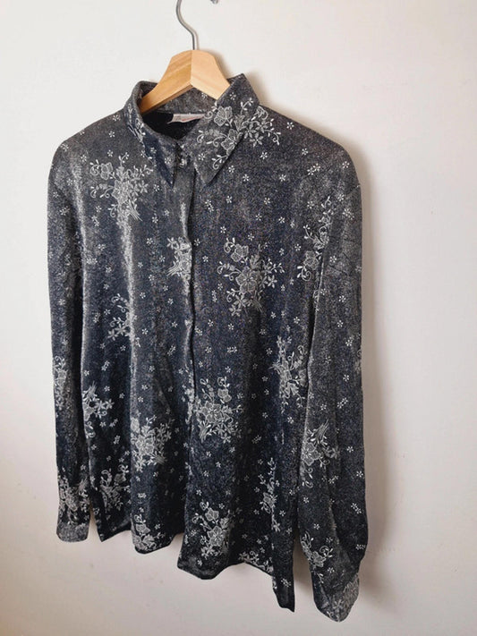 Womens Vintage Long Sleeve Metallic Silver Shirt Top Blouse L