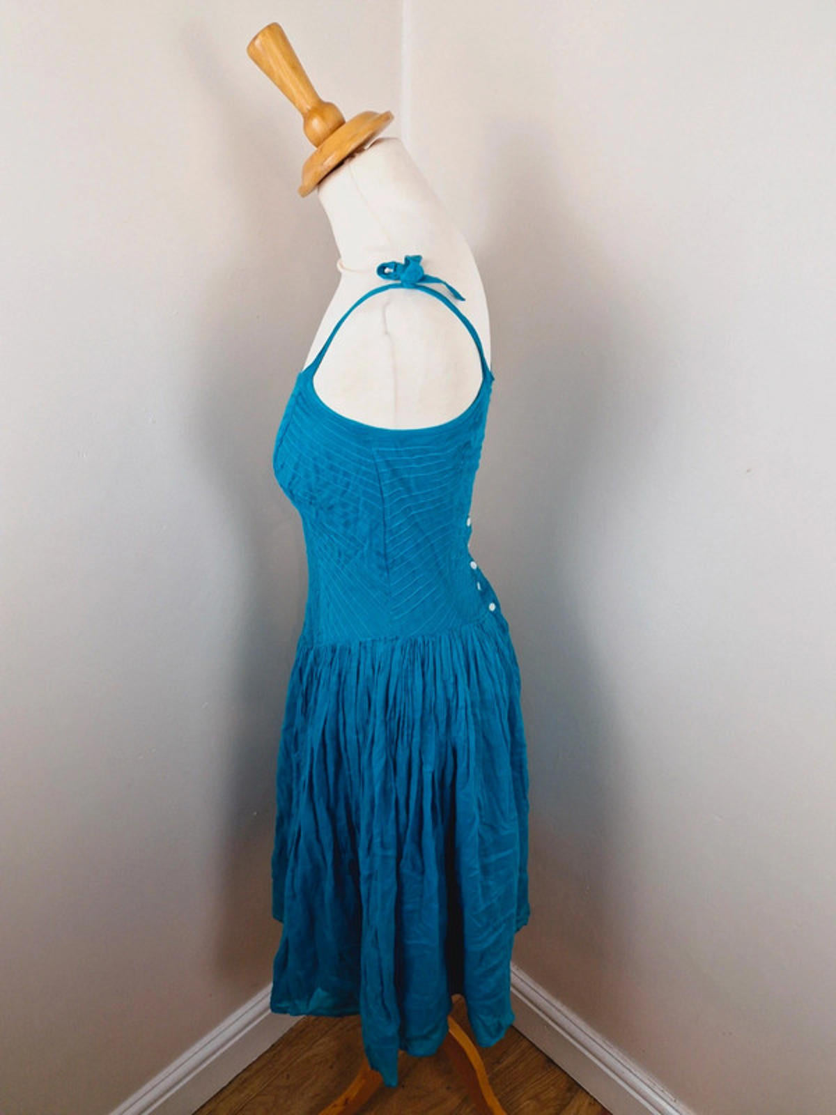Womens Vintage 1970s 70s Indian Cotton Strappy Boho Turquoise Dress XS