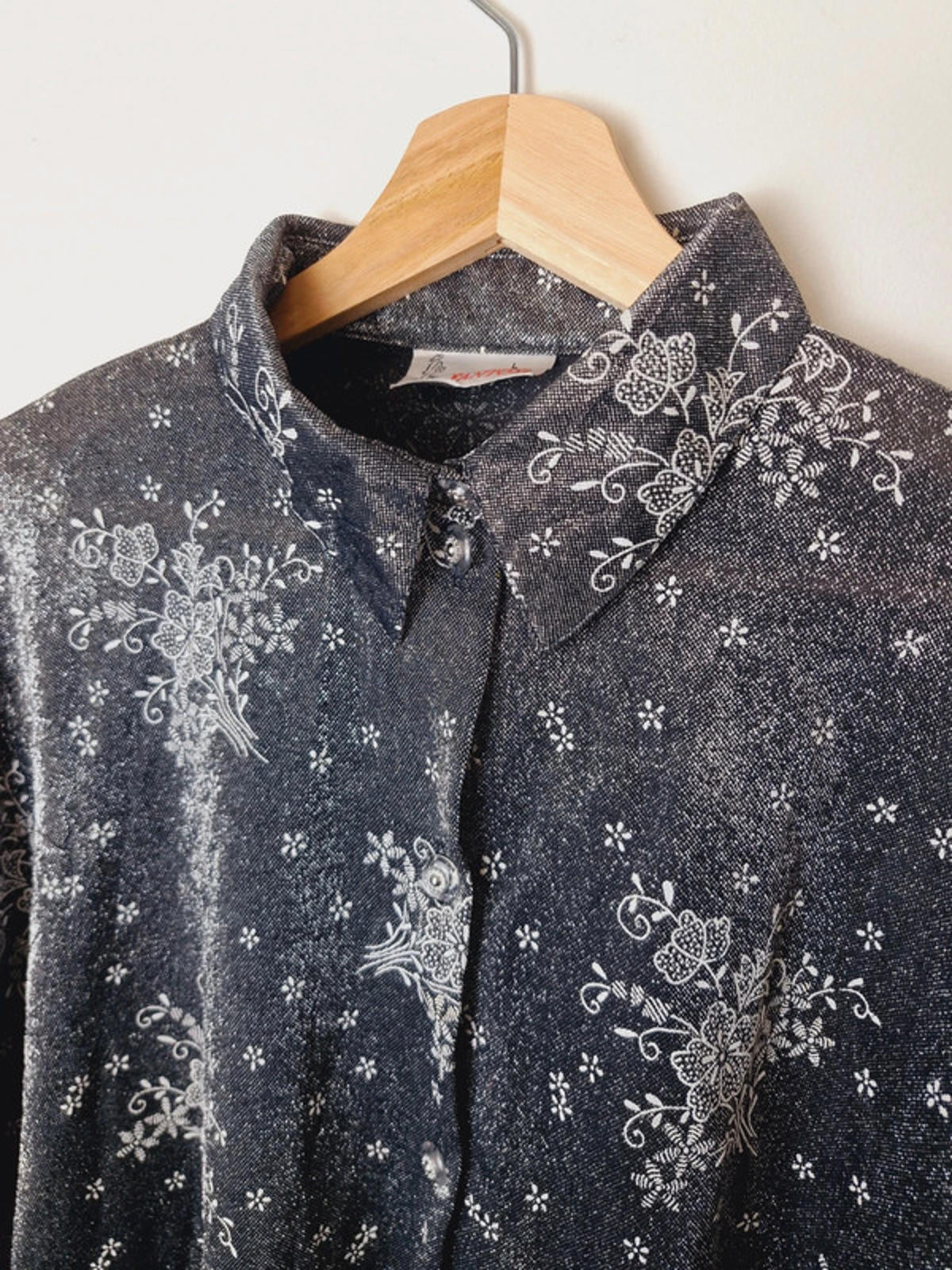 Womens Vintage Long Sleeve Metallic Silver Shirt Top Blouse L