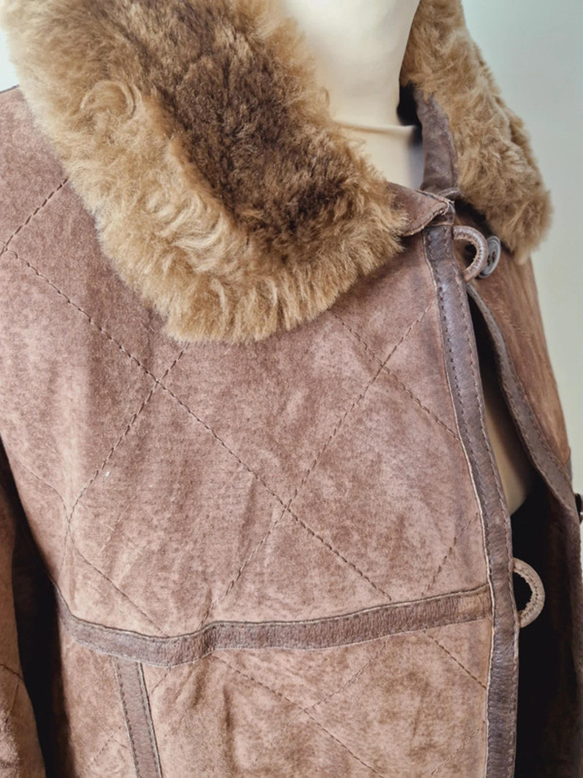 Womens Vintage Suede Leather Brown Quilted Jacket Coat M