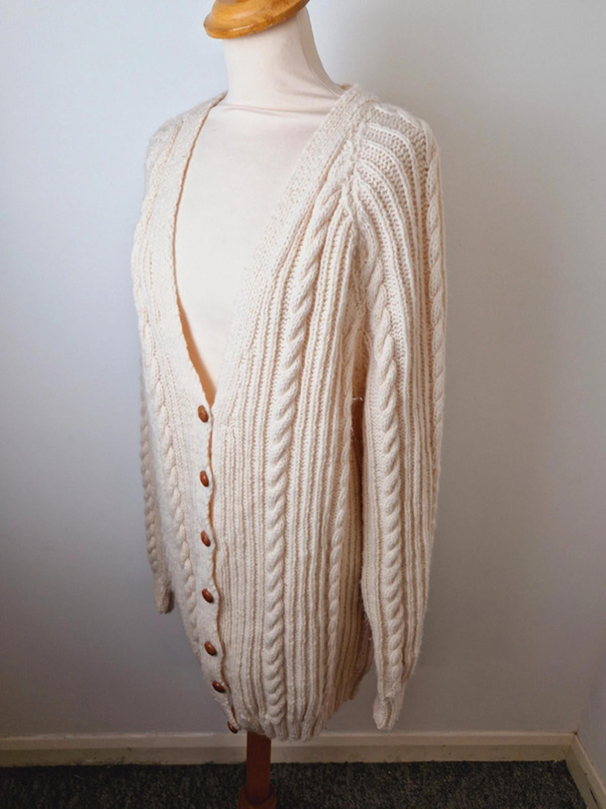 Womens Vintage Handknitted Knitted Cream Cable Knit Long Cardigan L UK16