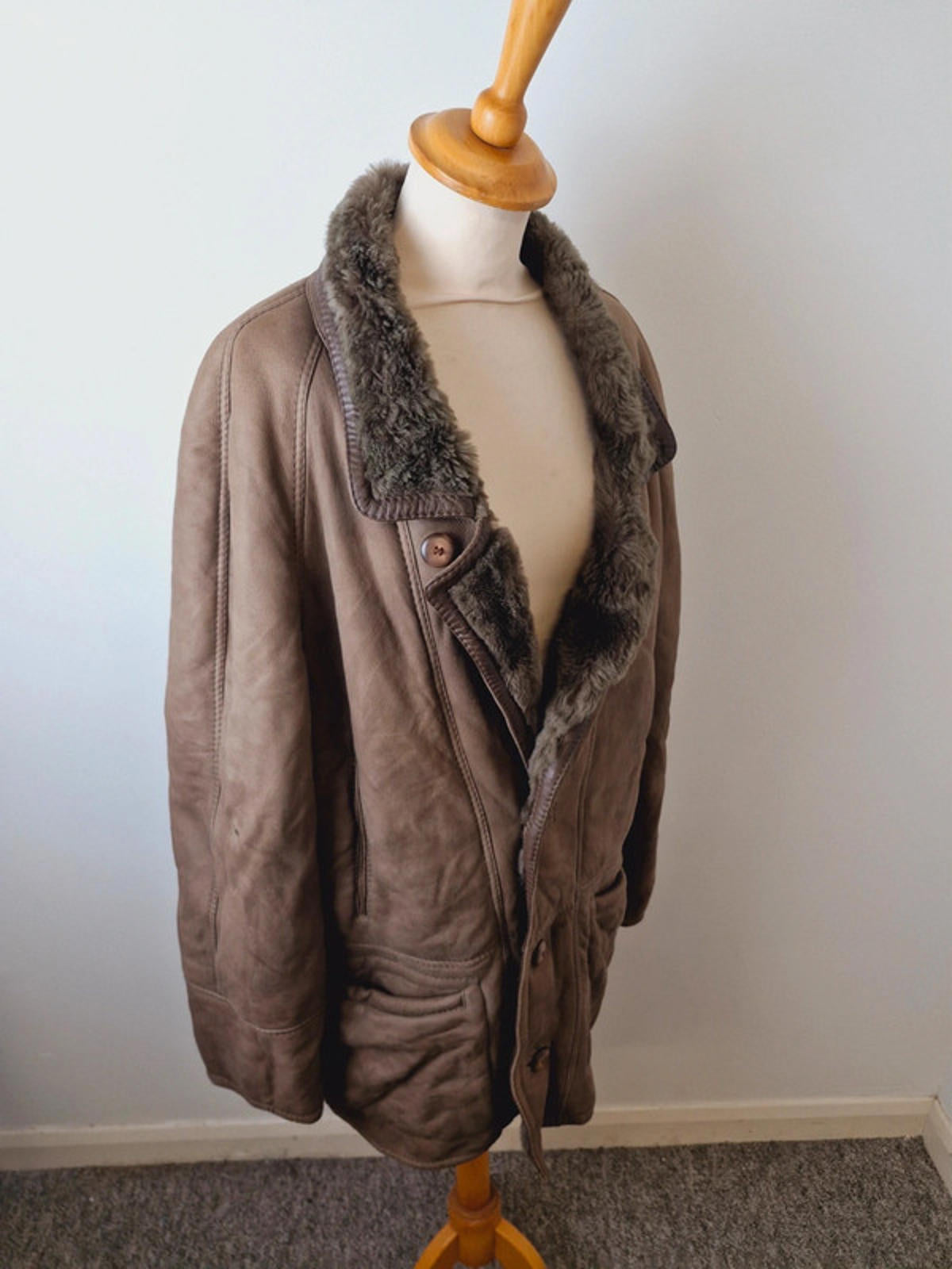Mens Vintage Leather Suede Sheepskin Shearling Coat Jacket L