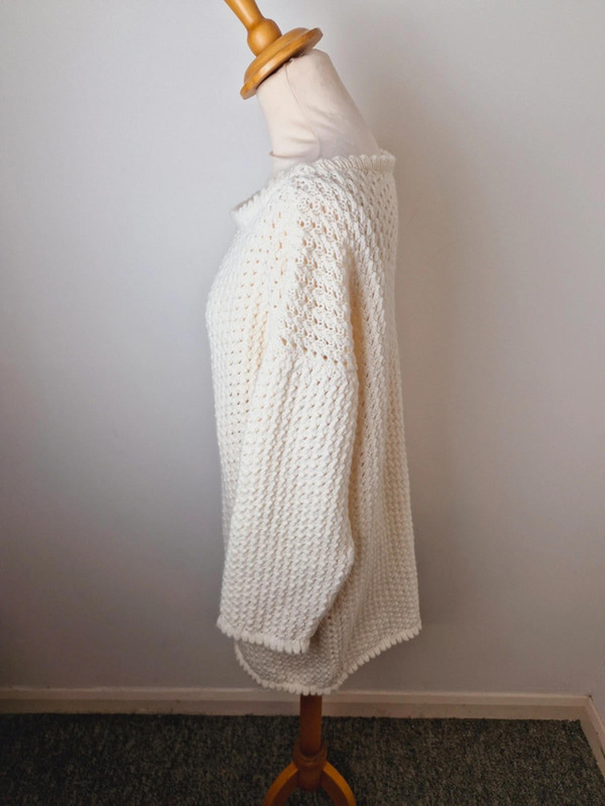 Womens Vintage Handknitted Knitted Cream Long Jumper Sweater Dress UK14 UK16 L