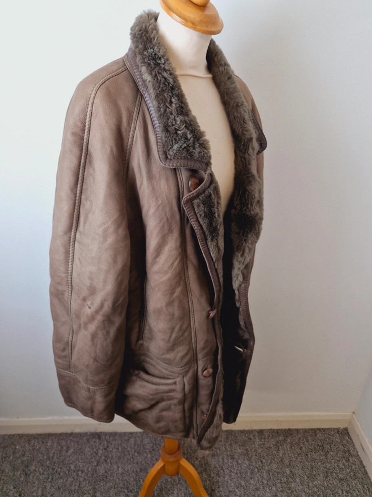 Mens Vintage Leather Suede Sheepskin Shearling Coat Jacket L