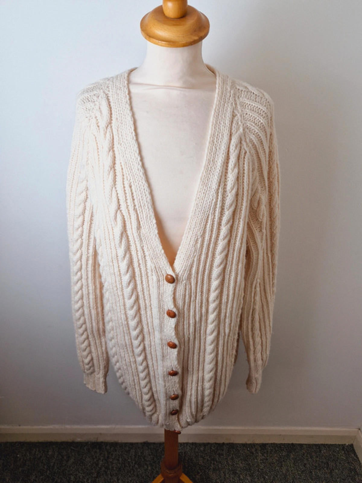 Womens Vintage Handknitted Knitted Cream Cable Knit Long Cardigan L UK16