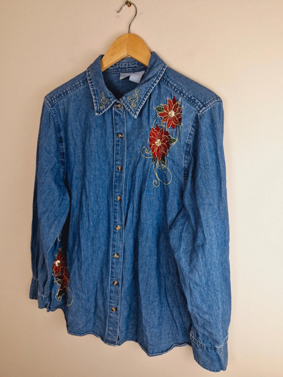 Womens Vintage Christmas Long Sleeve Embroidered Denim Shirt Top Blouse Cotton XL