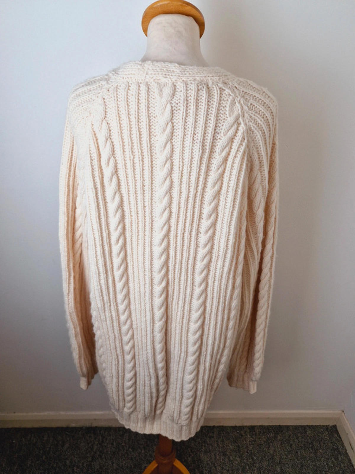 Womens Vintage Handknitted Knitted Cream Cable Knit Long Cardigan L UK16