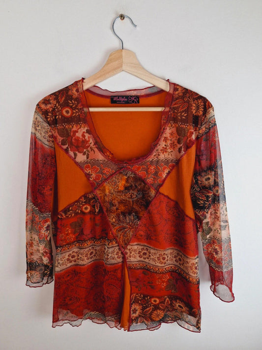 Womens Vintage y2k Boho Mesh Sleeve Top Red Orange L