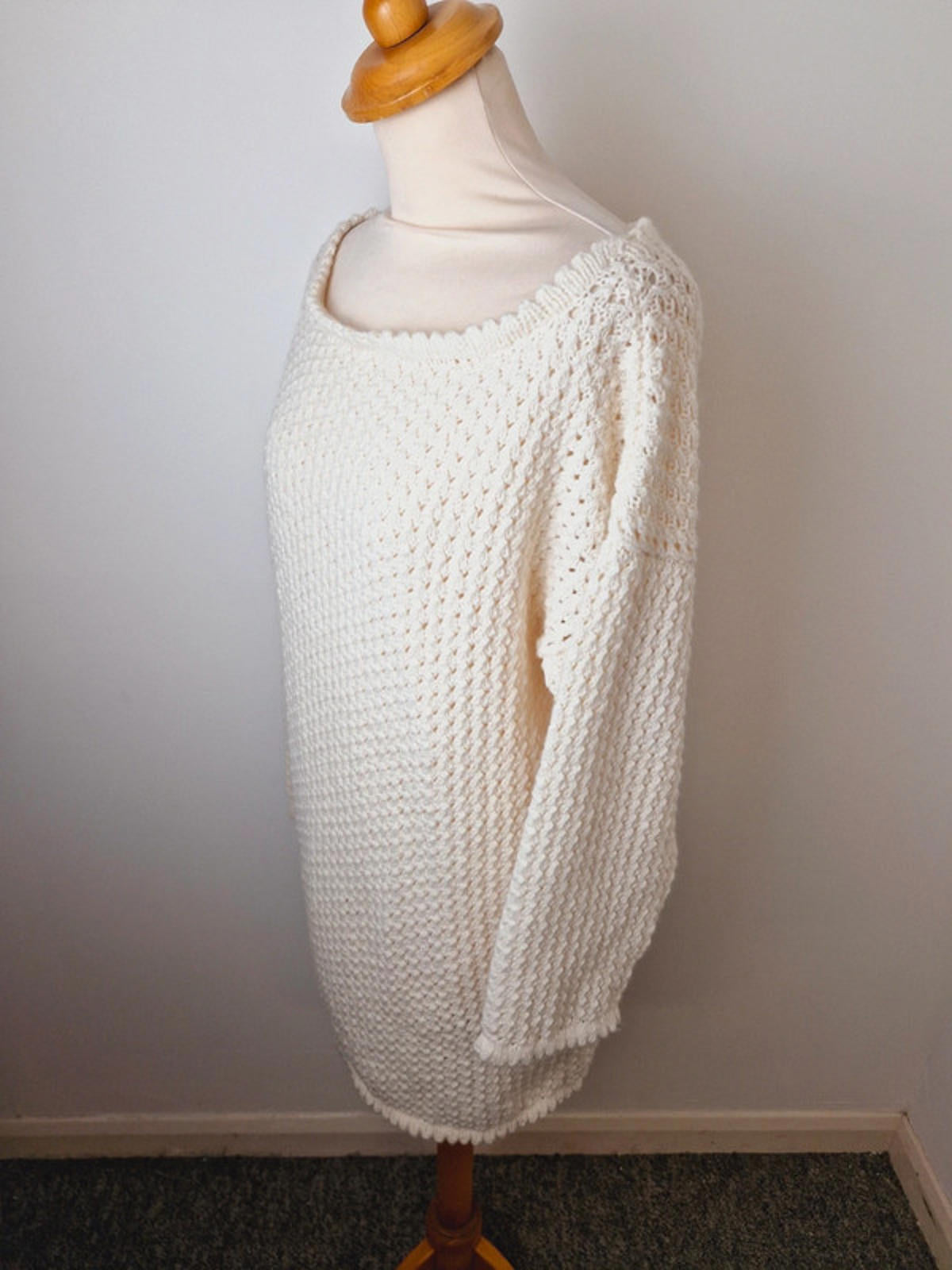 Womens Vintage Handknitted Knitted Cream Long Jumper Sweater Dress UK14 UK16 L