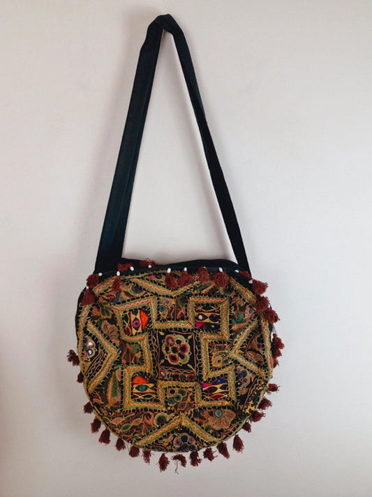 Womens Vintage Boho Indian Mirror Tassel Embroidered Hippy Shoulder Bag Handbag