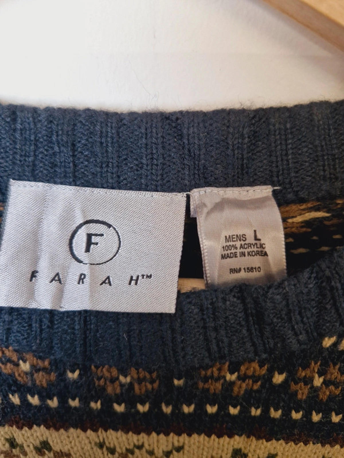 Mens Vintage Farah Knitted Jumper Sweater Round Neck L