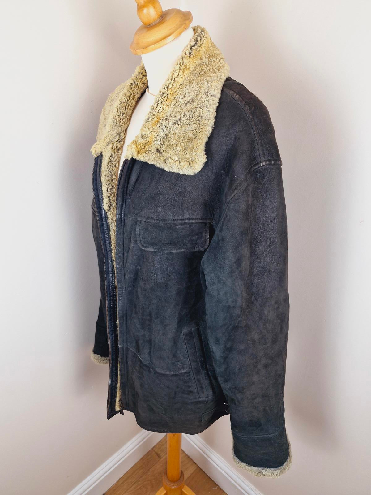Mens Black Sheepskin Bomber Jacket XXL