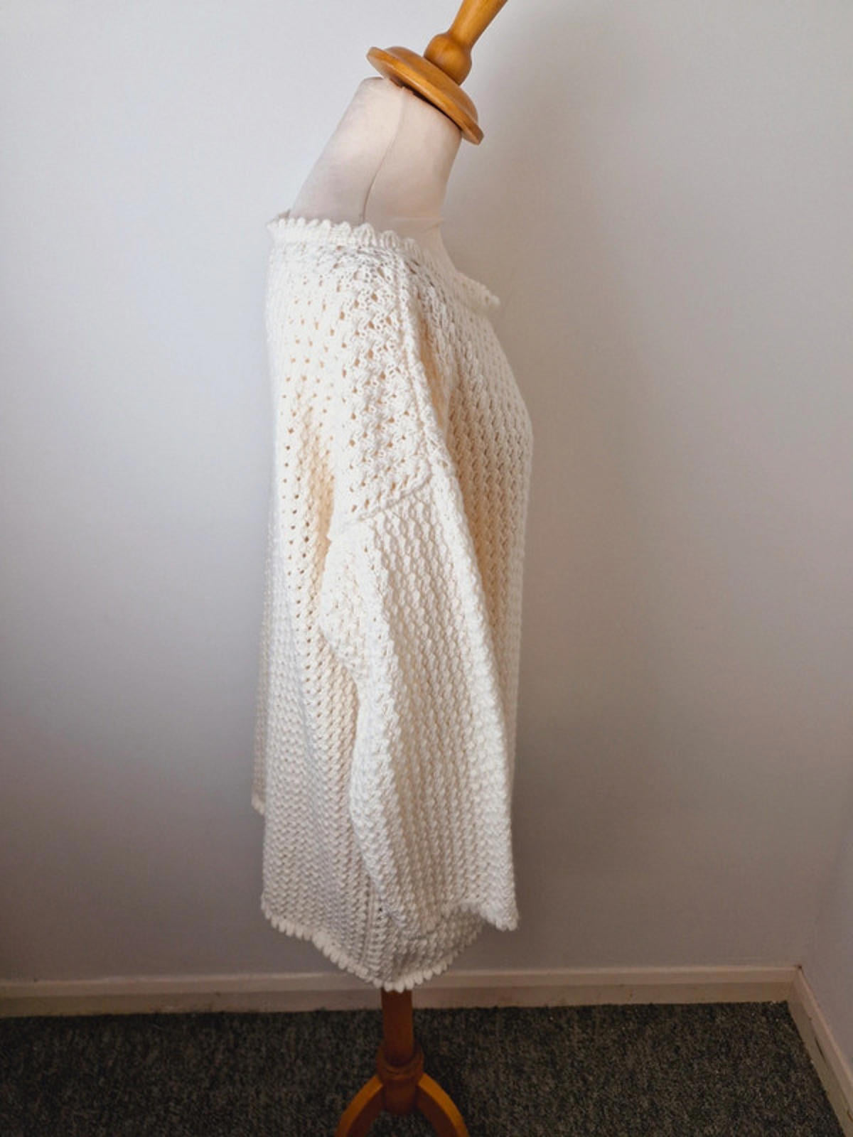 Womens Vintage Handknitted Knitted Cream Long Jumper Sweater Dress UK14 UK16 L