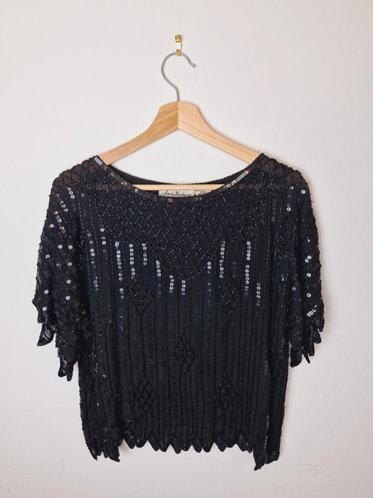 Womens Vintage Black Silk Sequin Beaded Top Blouse Festival M