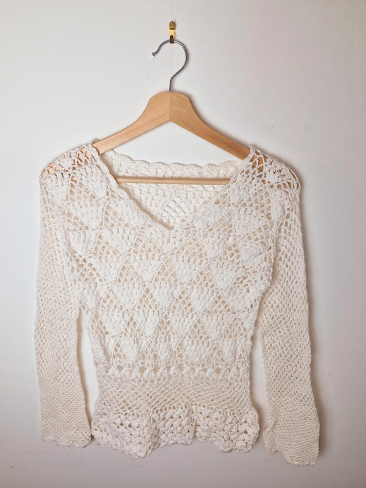 Womens Vintage 1970s Style Handcrochet Crochet Boho Long Sleeve Top S