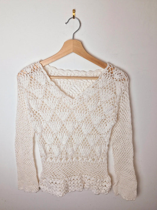 Womens Vintage 1970s Style Handcrochet Crochet Boho Long Sleeve Top S