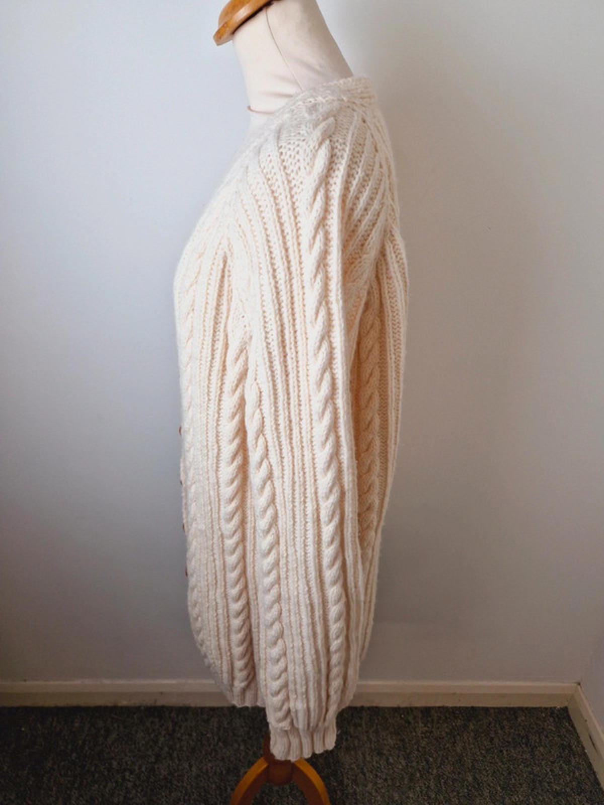Womens Vintage Handknitted Knitted Cream Cable Knit Long Cardigan L UK16