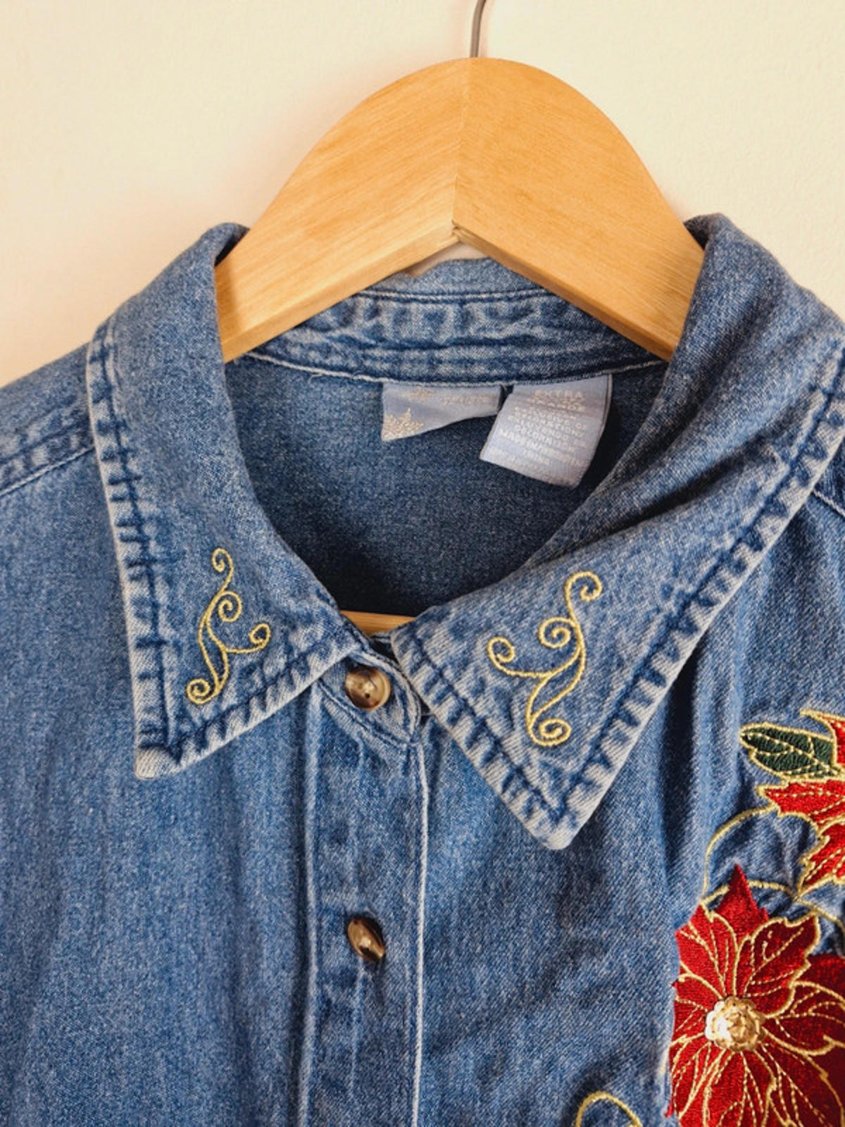 Womens Vintage Christmas Long Sleeve Embroidered Denim Shirt Top Blouse Cotton XL