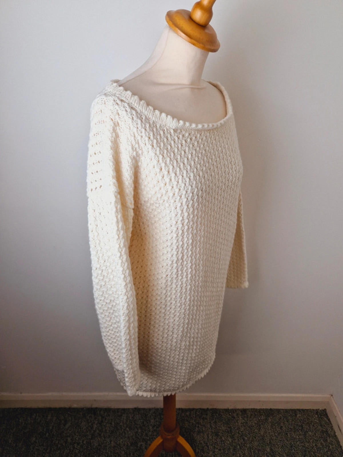 Womens Vintage Handknitted Knitted Cream Long Jumper Sweater Dress UK14 UK16 L