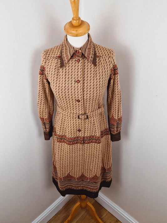 Womens Vintage 1970s 70s Collar Long Sleeve Shirt Dress S