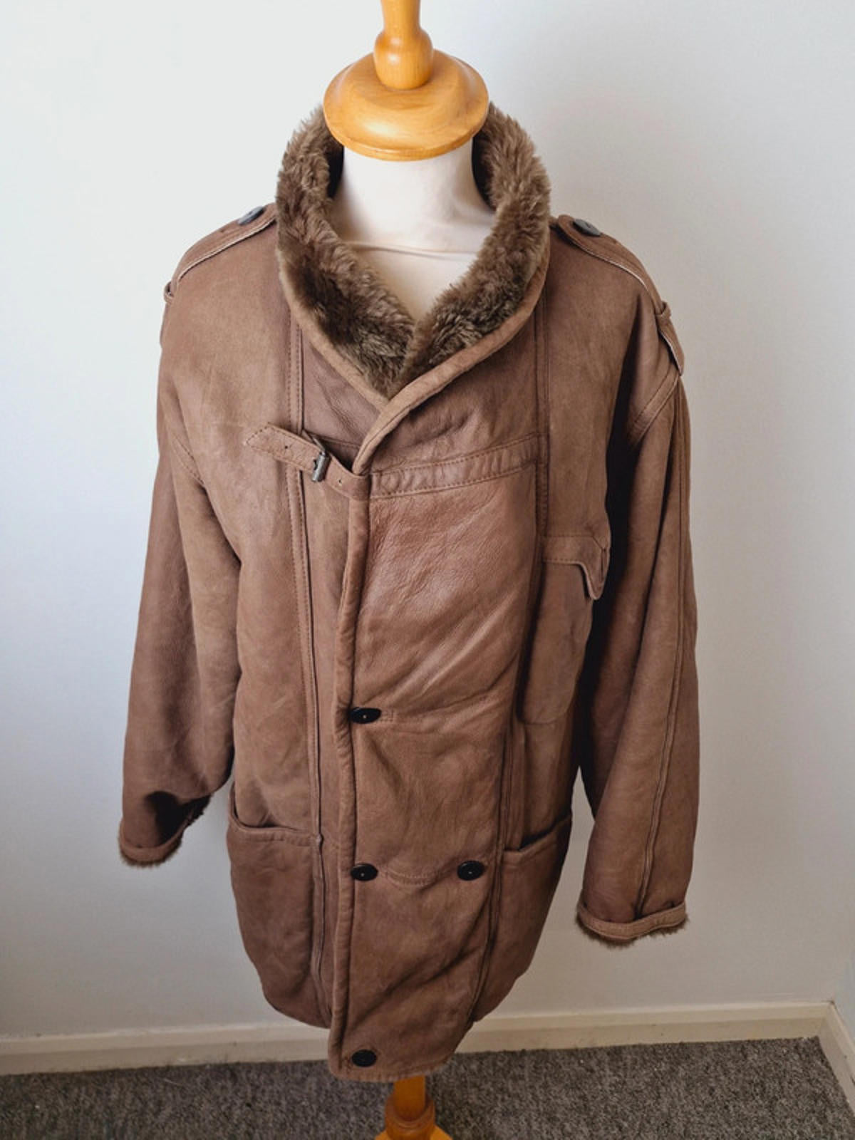 Mens Vintage Leather Suede Sheepskin Shearling Coat Jacket M
