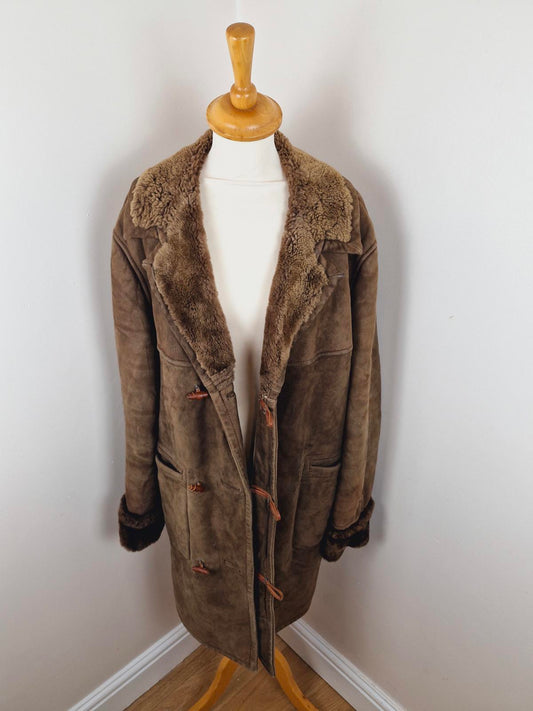 Mens 1970s Suede Sheepskin Coat L XL