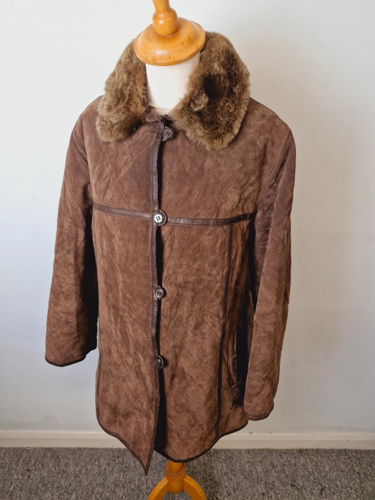 Womens Vintage Suede Leather Brown Quilted Jacket Coat M