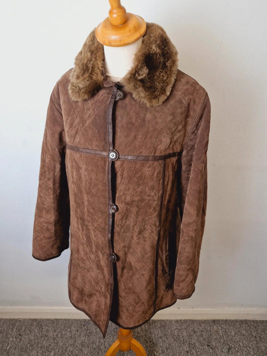 Womens Vintage Suede Leather Brown Quilted Jacket Coat M