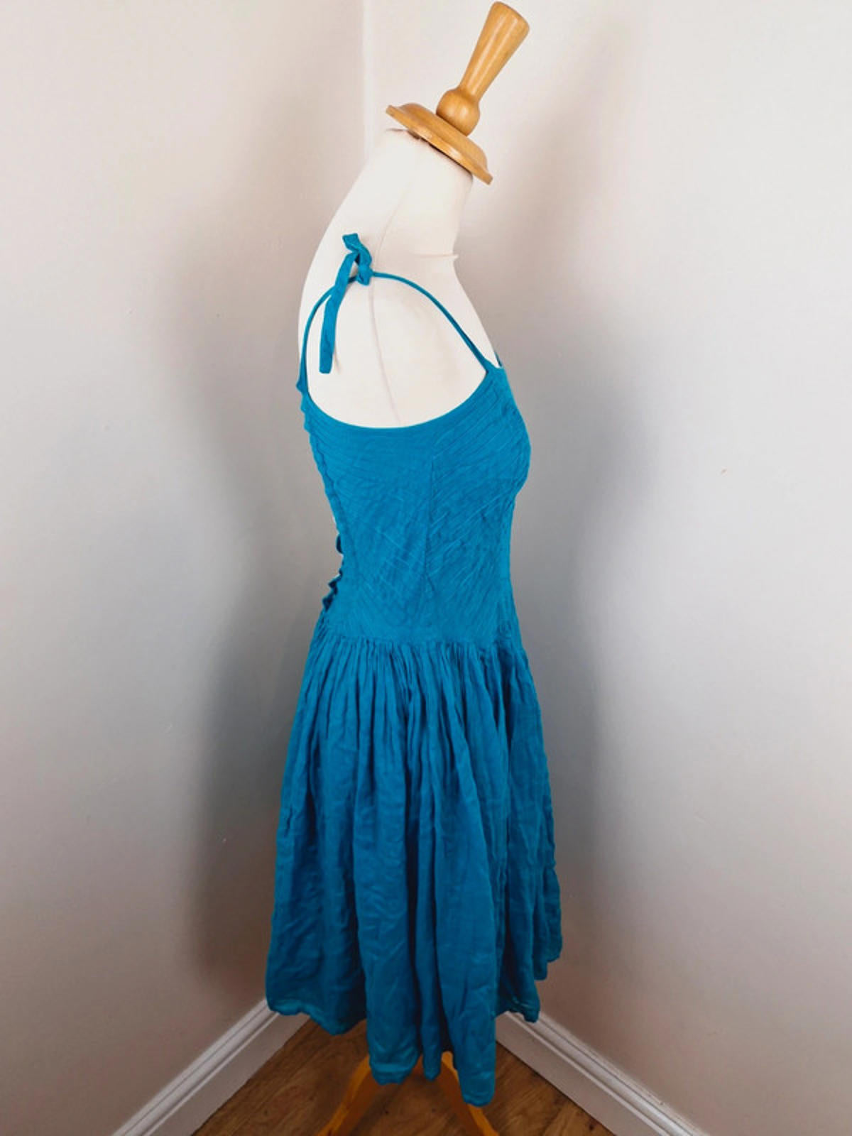Womens Vintage 1970s 70s Indian Cotton Strappy Boho Turquoise Dress XS