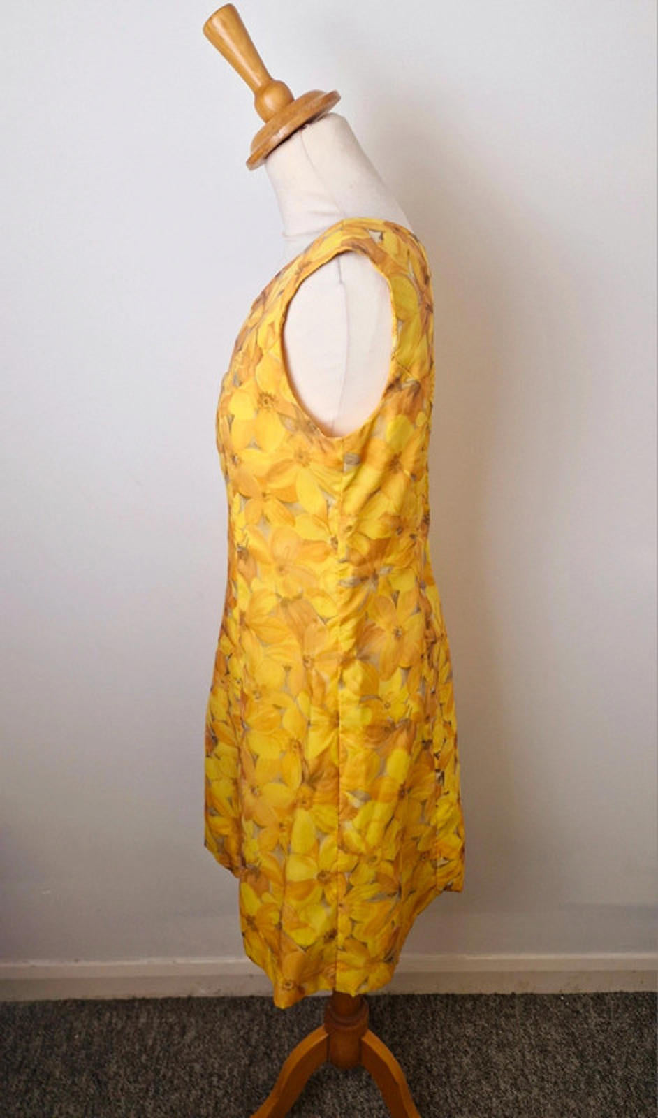 Womens Vintage 1960s 60s Yellow Floral Shift Dress Handmade M UK12