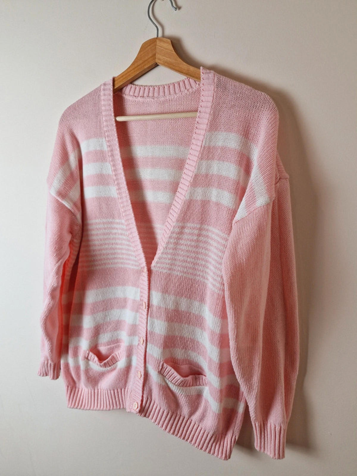 Womens Vintage Pink Striped Cardigan Jumper Knitwear UK16