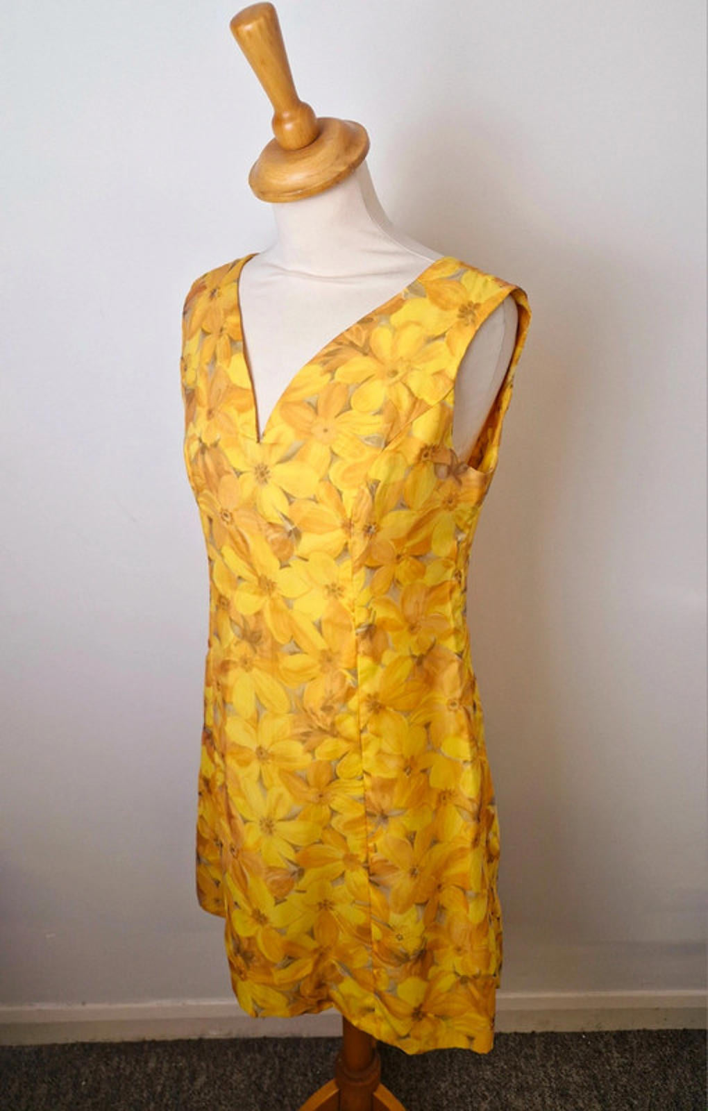 Womens Vintage 1960s 60s Yellow Floral Shift Dress Handmade M UK12