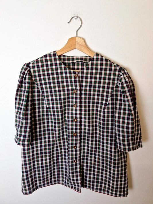 Womens Vintage Cottagecore Gingham Cotton Blouse Shirt Puff Sleeve Top UK16
