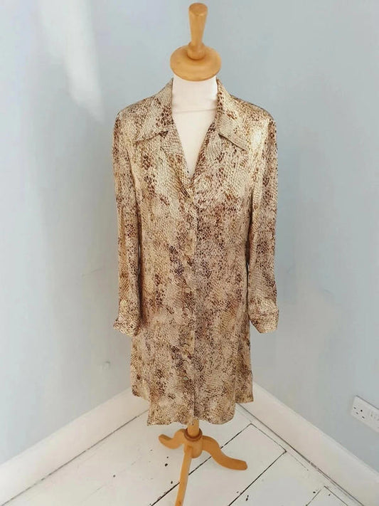 Womens Vintage Retro Long Sleeve Snakeskin Silky Satin Shirtdress Dress UK12 M