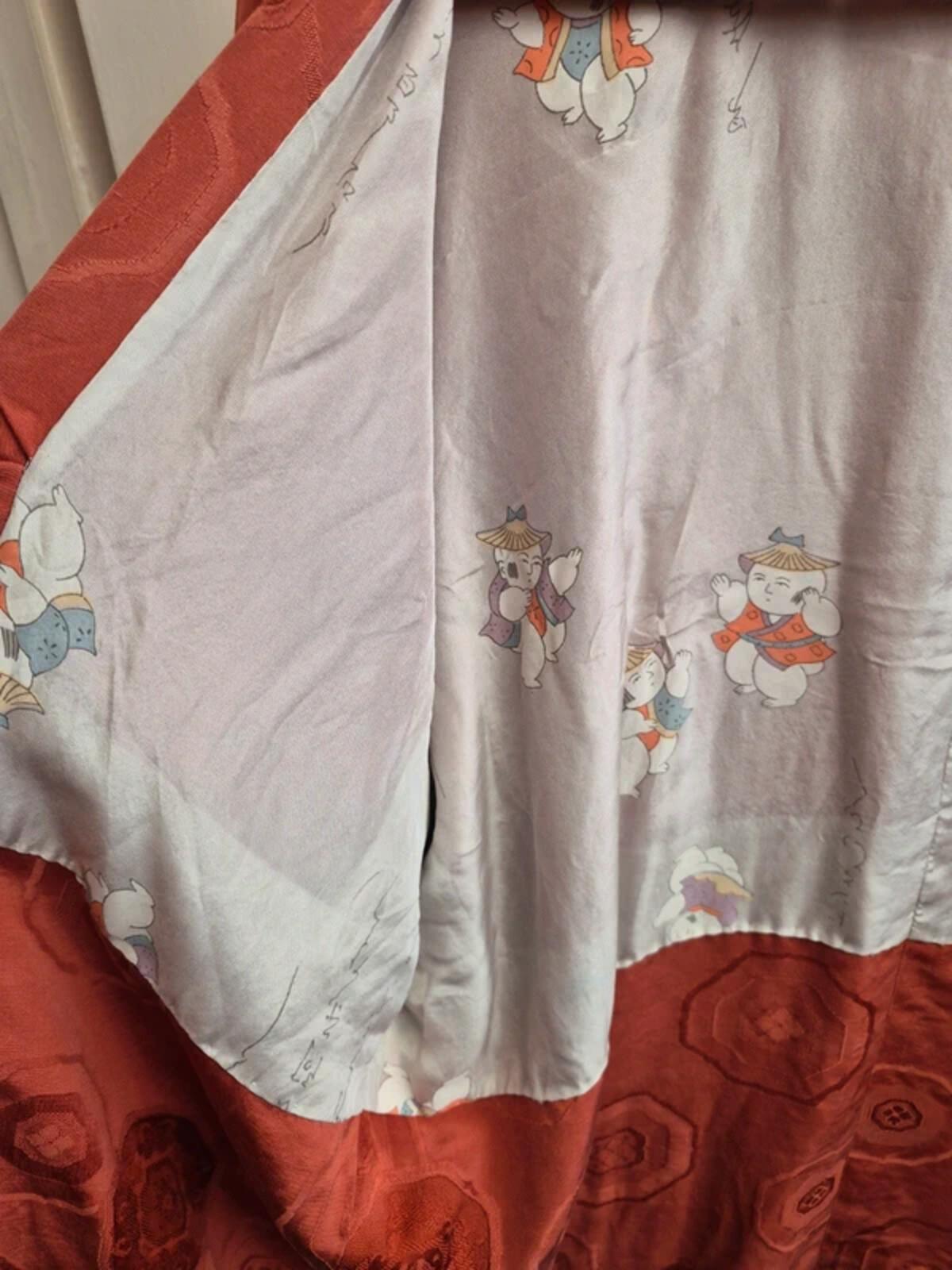Vintage Silk Short Kimono Japanese Jacket Top Orange Wide Sleeve UK12 M
