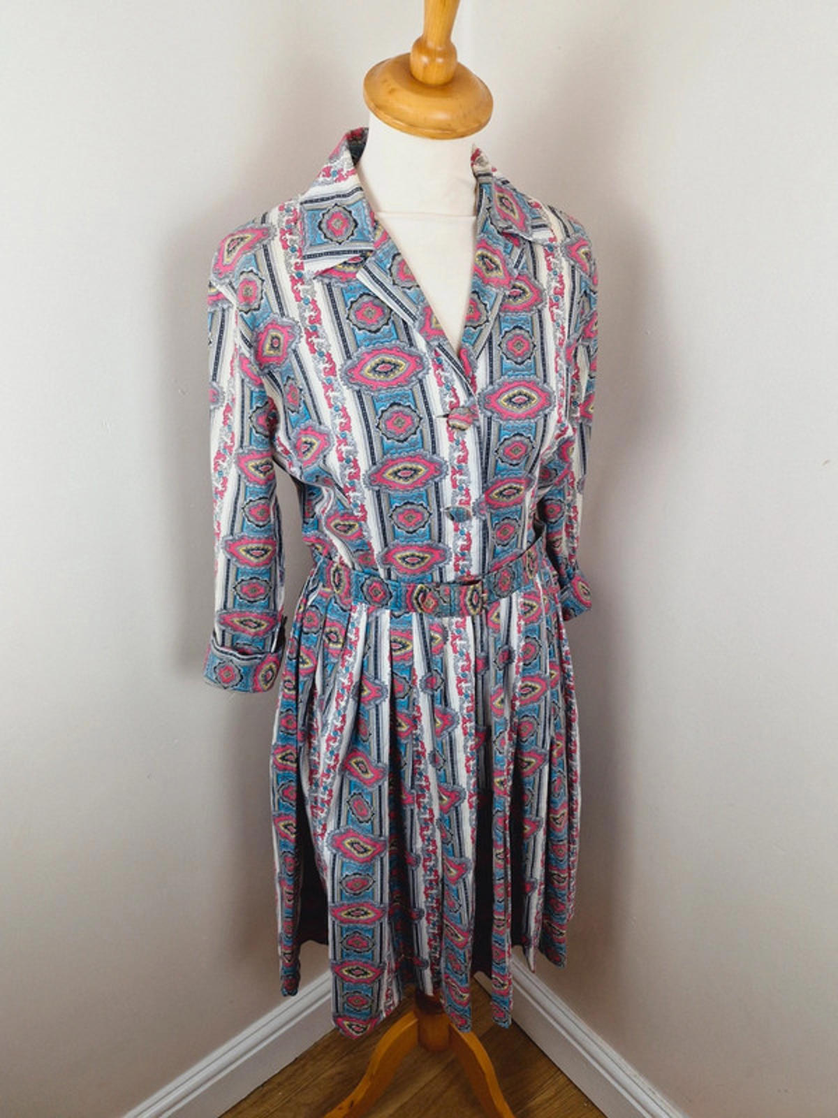 Womens Vintage 1950s 50s Shirtdress Dress Aline Long Sleeve XS