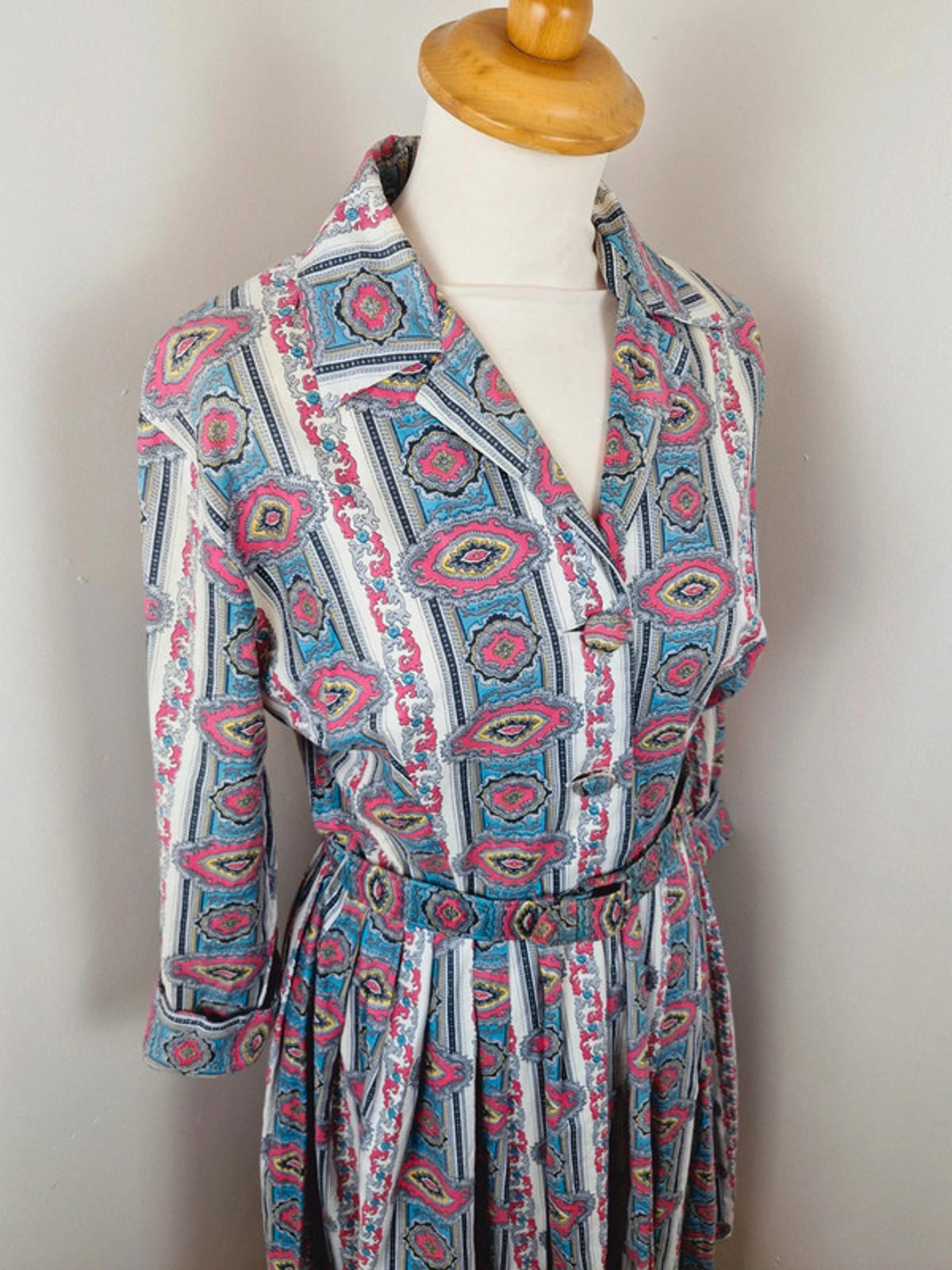Womens Vintage 1950s 50s Shirtdress Dress Aline Long Sleeve XS