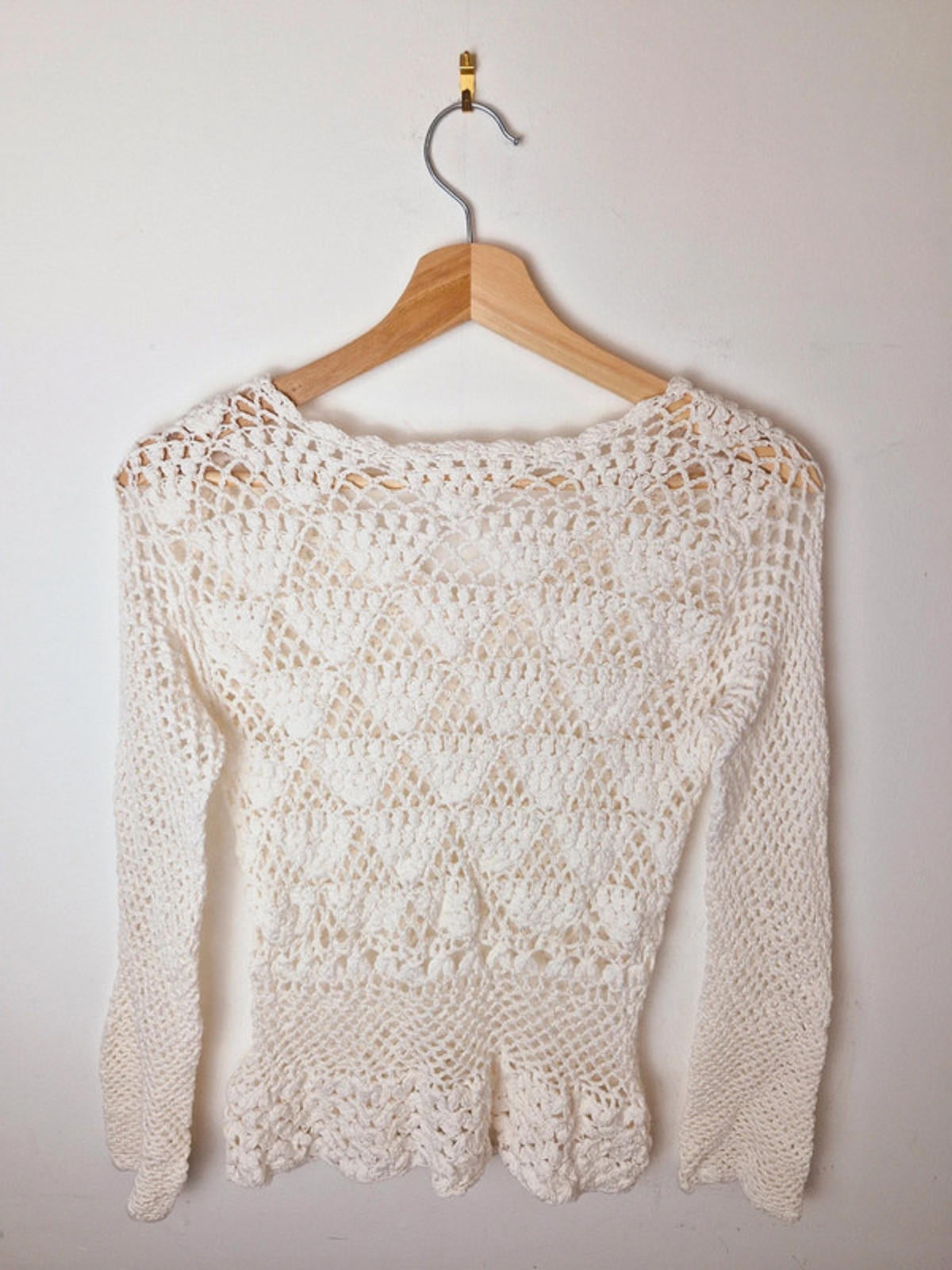 Womens Vintage 1970s Style Handcrochet Crochet Boho Long Sleeve Top S